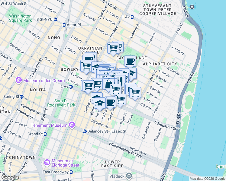 map of restaurants, bars, coffee shops, grocery stores, and more near 173 East 3rd Street in New York
