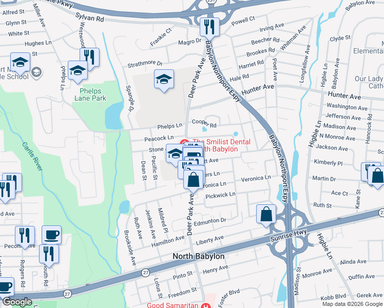 map of restaurants, bars, coffee shops, grocery stores, and more near 800 Deer Park Avenue in North Babylon
