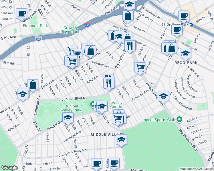 map of restaurants, bars, coffee shops, grocery stores, and more near 62-24 82nd Place in Queens