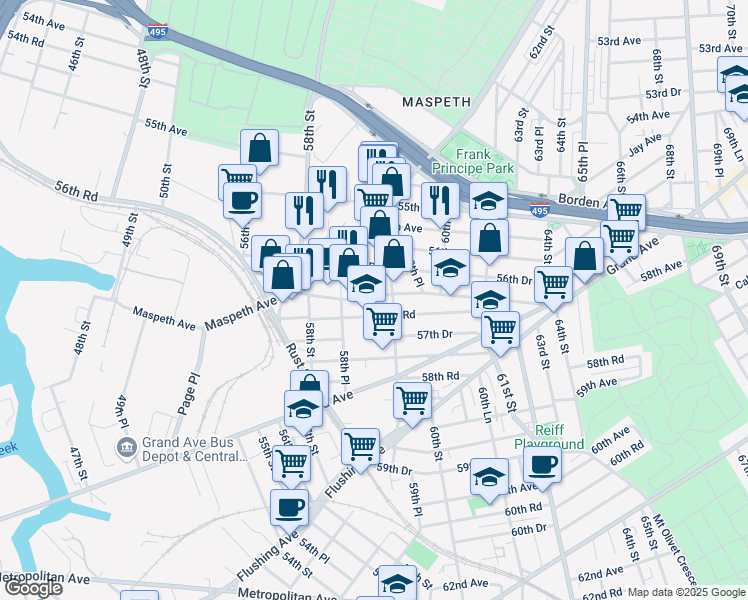 map of restaurants, bars, coffee shops, grocery stores, and more near 58-74 Maspeth Avenue in Queens