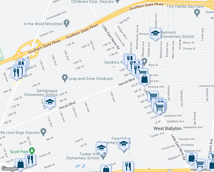 map of restaurants, bars, coffee shops, grocery stores, and more near 165 15th Avenue in West Babylon