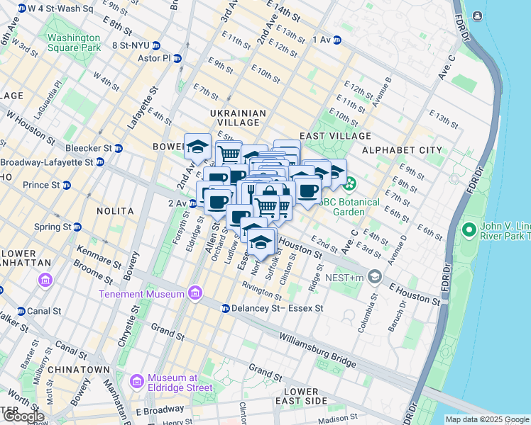 map of restaurants, bars, coffee shops, grocery stores, and more near East 2nd Street in New York