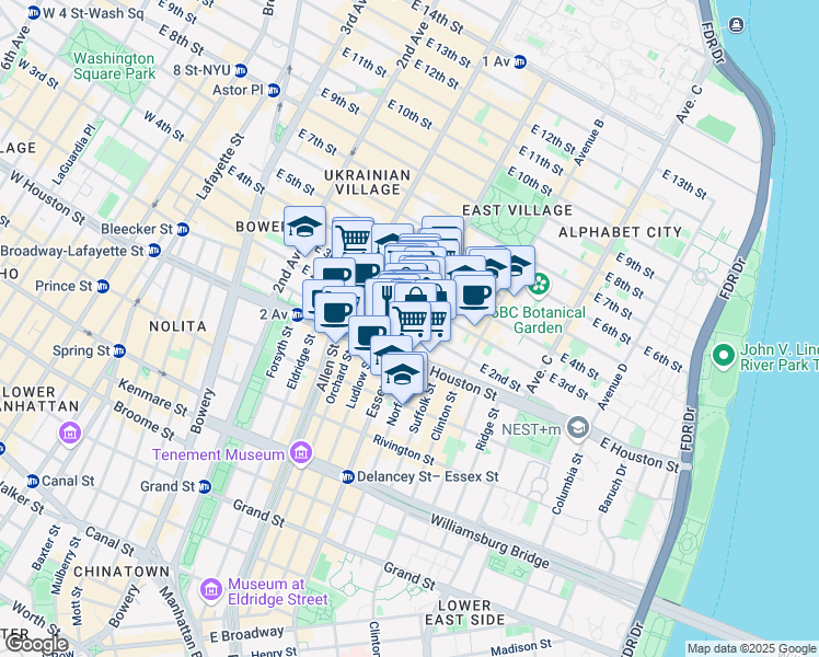 map of restaurants, bars, coffee shops, grocery stores, and more near East 2nd Street & Avenue A in New York