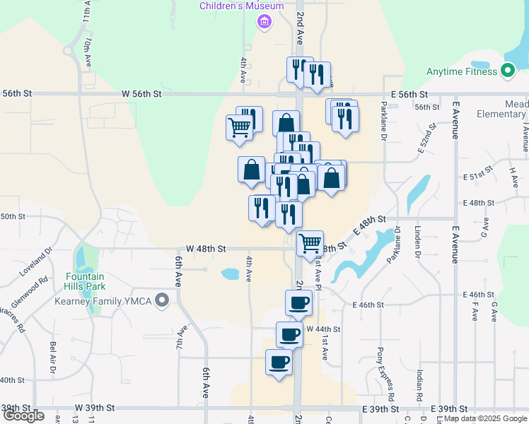 map of restaurants, bars, coffee shops, grocery stores, and more near 4800 3rd Avenue in Kearney
