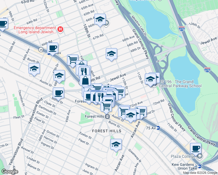 map of restaurants, bars, coffee shops, grocery stores, and more near 70-20 108th Street in Queens
