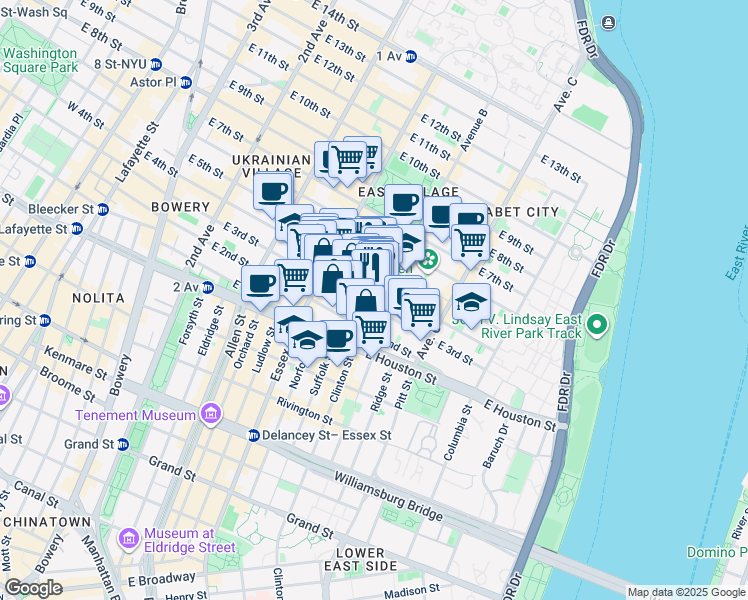 map of restaurants, bars, coffee shops, grocery stores, and more near 42 Avenue B in New York