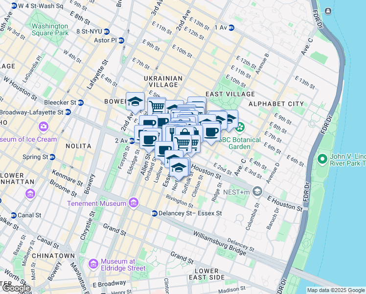 map of restaurants, bars, coffee shops, grocery stores, and more near East 2nd Street in New York