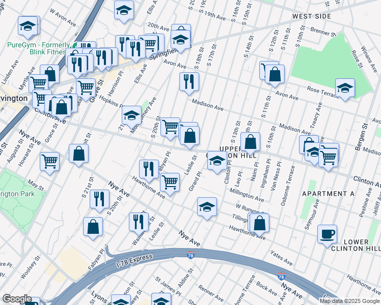 map of restaurants, bars, coffee shops, grocery stores, and more near 784 Clinton Avenue in Newark
