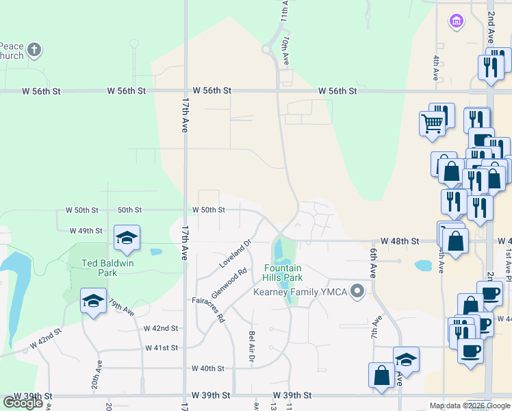 map of restaurants, bars, coffee shops, grocery stores, and more near 1207 West 50th Street in Kearney