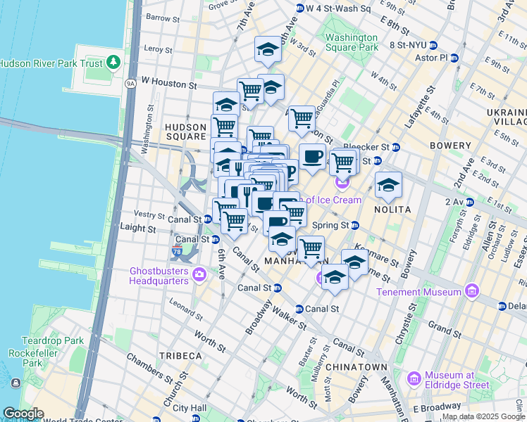 map of restaurants, bars, coffee shops, grocery stores, and more near 418 Broome Street in New York
