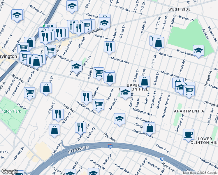 map of restaurants, bars, coffee shops, grocery stores, and more near 797-805 Clinton Avenue in Newark