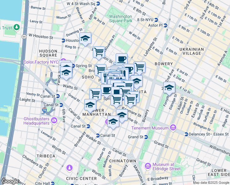 map of restaurants, bars, coffee shops, grocery stores, and more near 83 Spring Street in New York