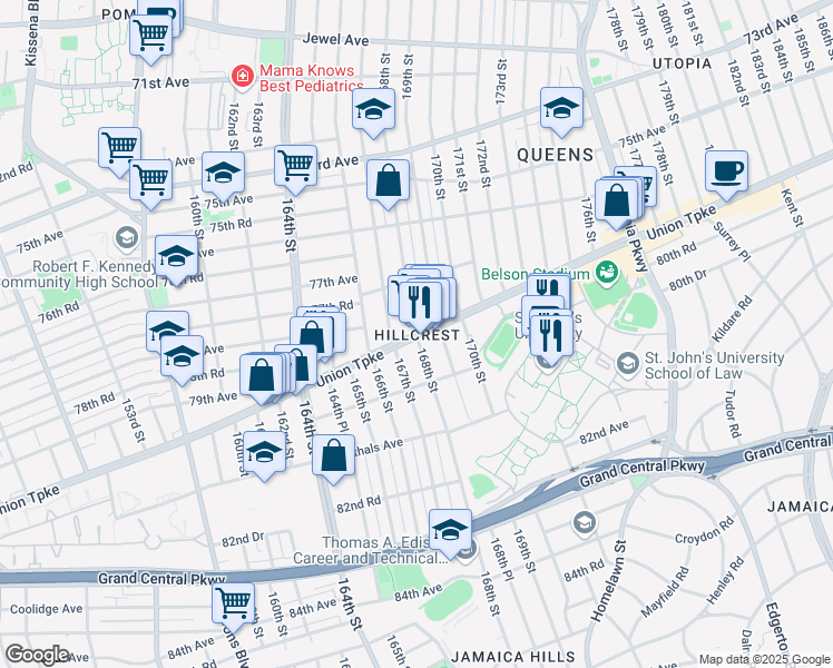 map of restaurants, bars, coffee shops, grocery stores, and more near 168th Street in Queens