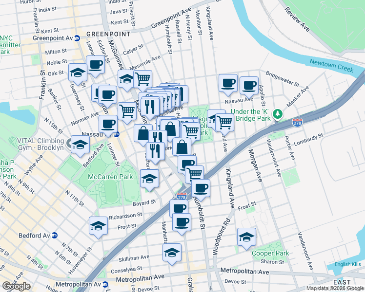 map of restaurants, bars, coffee shops, grocery stores, and more near 165 Driggs Avenue in Brooklyn