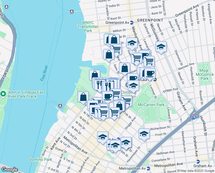 map of restaurants, bars, coffee shops, grocery stores, and more near 89 North 13th Street in Brooklyn