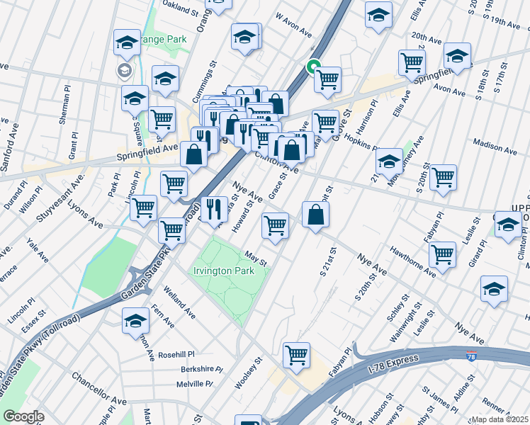 map of restaurants, bars, coffee shops, grocery stores, and more near 475 Nye Avenue in Irvington