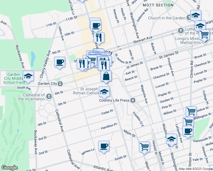 map of restaurants, bars, coffee shops, grocery stores, and more near 520 Franklin Avenue in Garden City