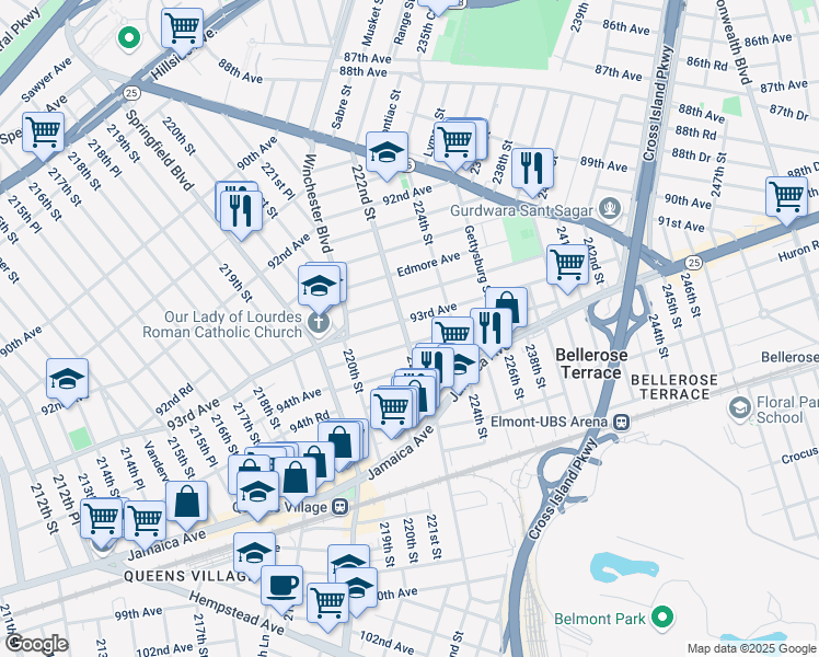 map of restaurants, bars, coffee shops, grocery stores, and more near 92-90 222nd Street in Queens
