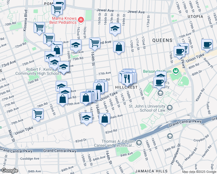 map of restaurants, bars, coffee shops, grocery stores, and more near 164-28 77th Road in Queens