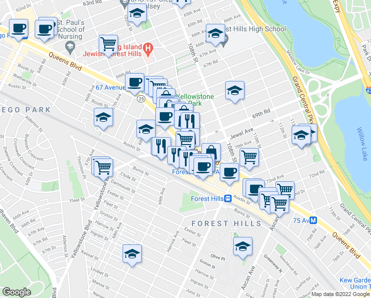 map of restaurants, bars, coffee shops, grocery stores, and more near 104-70 Queens Boulevard in Queens
