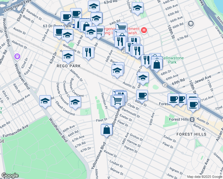 map of restaurants, bars, coffee shops, grocery stores, and more near 66-31 Burns Street in Queens