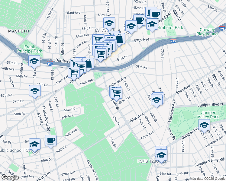 map of restaurants, bars, coffee shops, grocery stores, and more near 69-30 Caldwell Avenue in Queens