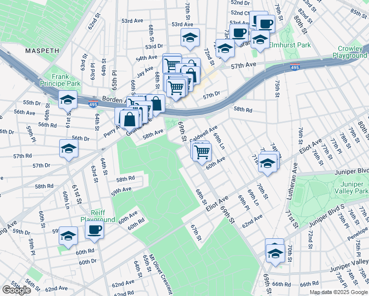 map of restaurants, bars, coffee shops, grocery stores, and more near 58-32 69th Street in Queens