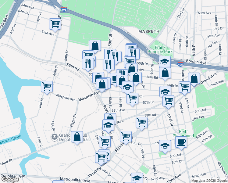 map of restaurants, bars, coffee shops, grocery stores, and more near 56-70 58th Place in Queens