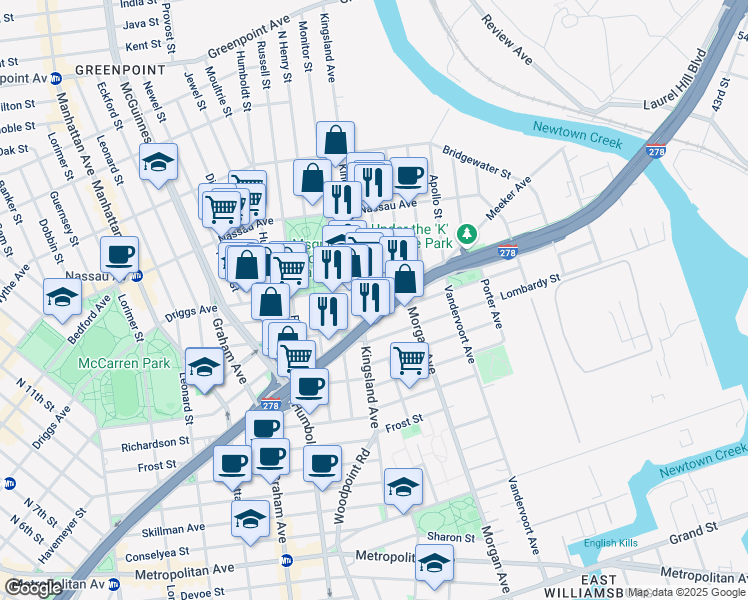 map of restaurants, bars, coffee shops, grocery stores, and more near in Brooklyn