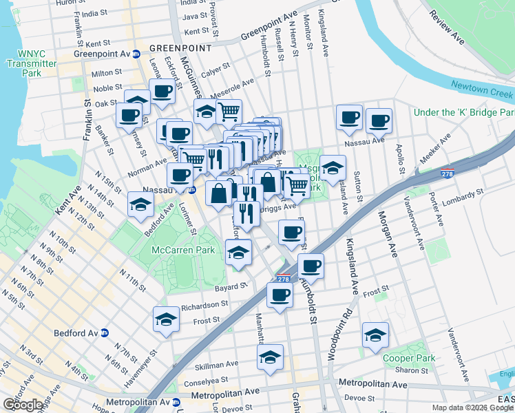 map of restaurants, bars, coffee shops, grocery stores, and more near 21 Newel Street in Brooklyn