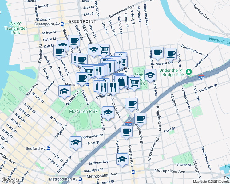 map of restaurants, bars, coffee shops, grocery stores, and more near 21 Newel Street in Brooklyn