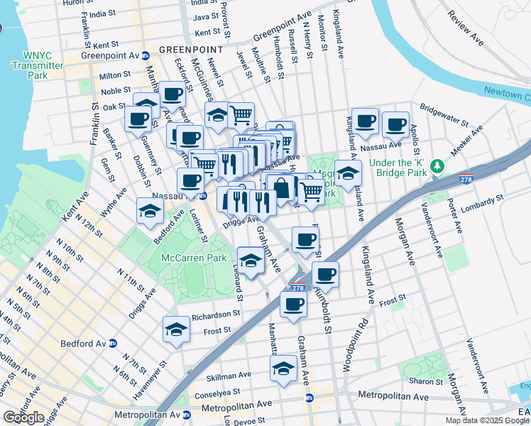 map of restaurants, bars, coffee shops, grocery stores, and more near 21 Newel Street in Brooklyn