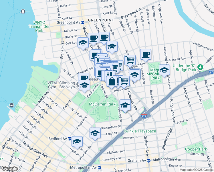 map of restaurants, bars, coffee shops, grocery stores, and more near 541 Leonard Street in Brooklyn