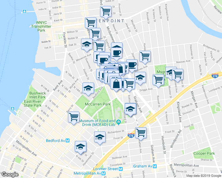 map of restaurants, bars, coffee shops, grocery stores, and more near 541 Leonard Street in Brooklyn