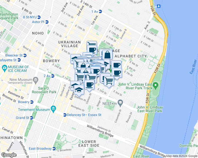 map of restaurants, bars, coffee shops, grocery stores, and more near 50-52 Avenue B in New York
