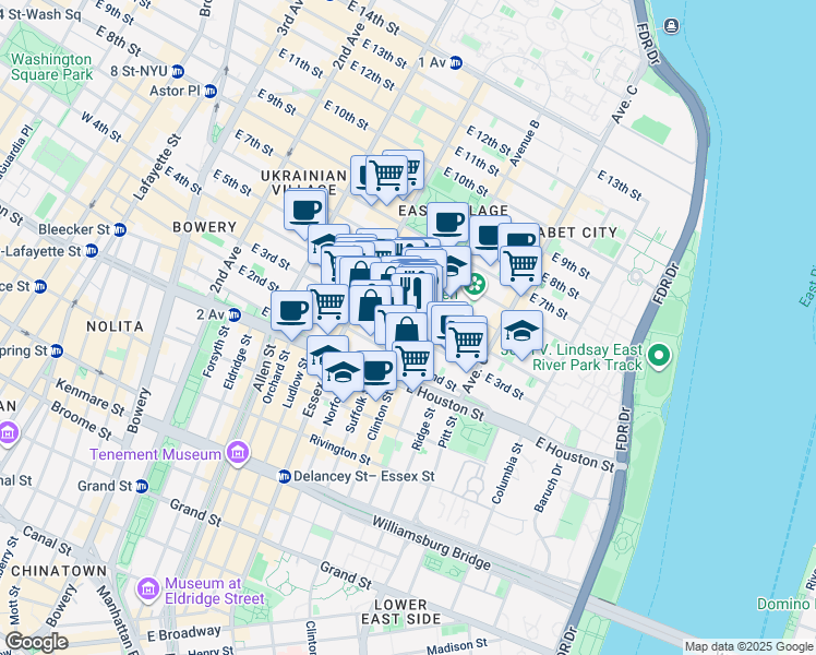 map of restaurants, bars, coffee shops, grocery stores, and more near 50-52 Avenue B in New York