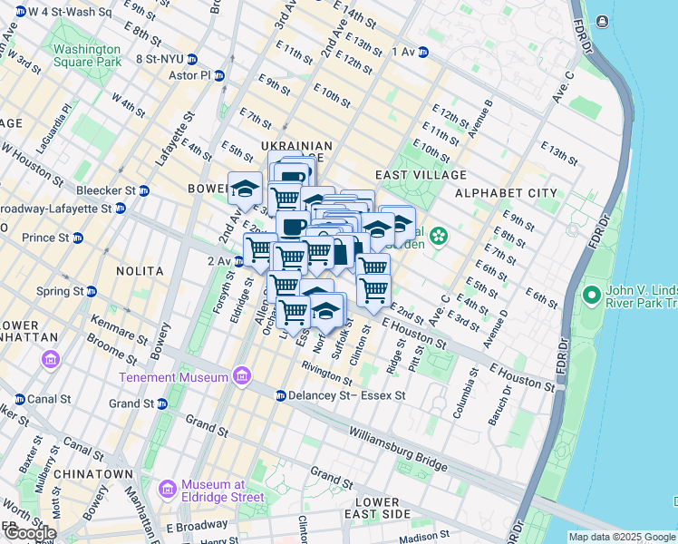 map of restaurants, bars, coffee shops, grocery stores, and more near 36 Avenue A in New York