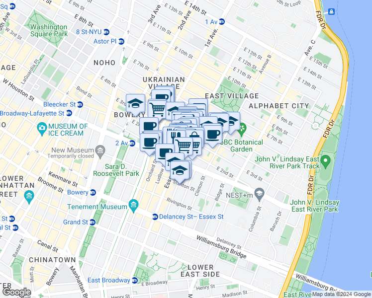 map of restaurants, bars, coffee shops, grocery stores, and more near 36 Avenue A in New York