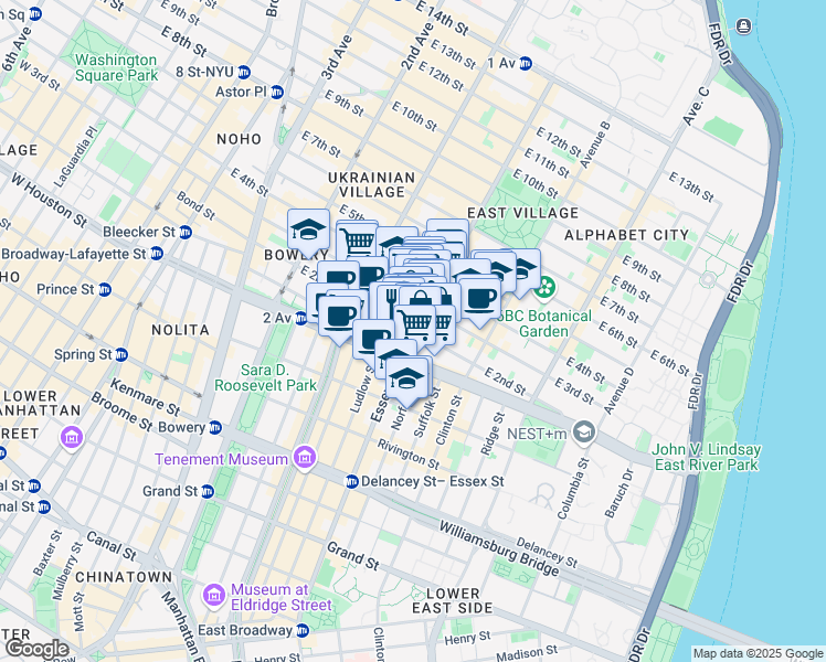 map of restaurants, bars, coffee shops, grocery stores, and more near 36 Avenue A in New York