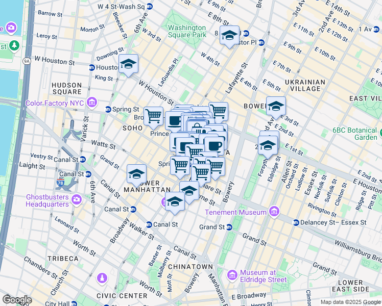 map of restaurants, bars, coffee shops, grocery stores, and more near 267 Lafayette Street in New York