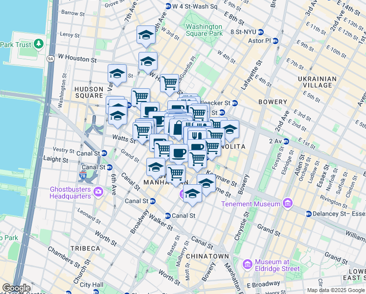 map of restaurants, bars, coffee shops, grocery stores, and more near 533 Broadway in New York