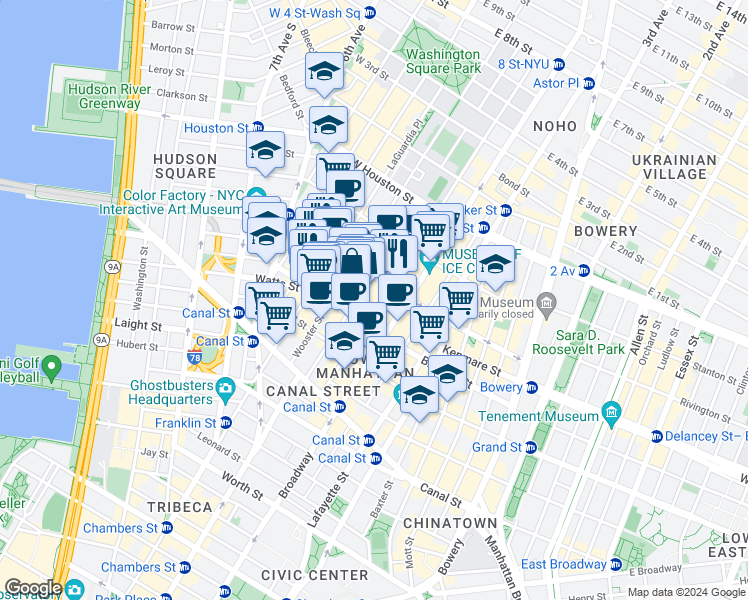 map of restaurants, bars, coffee shops, grocery stores, and more near 71 Greene Street in New York