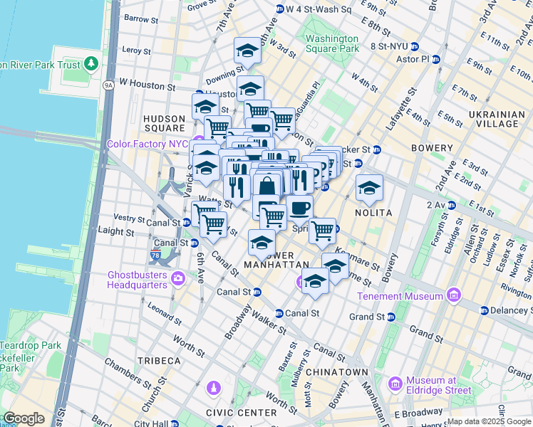map of restaurants, bars, coffee shops, grocery stores, and more near 71 Greene Street in New York