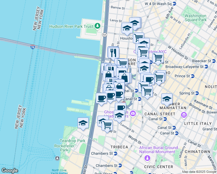map of restaurants, bars, coffee shops, grocery stores, and more near in New York