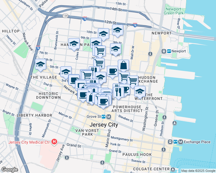 map of restaurants, bars, coffee shops, grocery stores, and more near 204 3rd Street in Jersey City