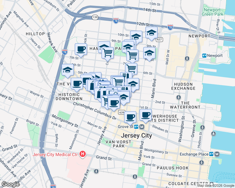 map of restaurants, bars, coffee shops, grocery stores, and more near 579 Jersey Avenue in Jersey City