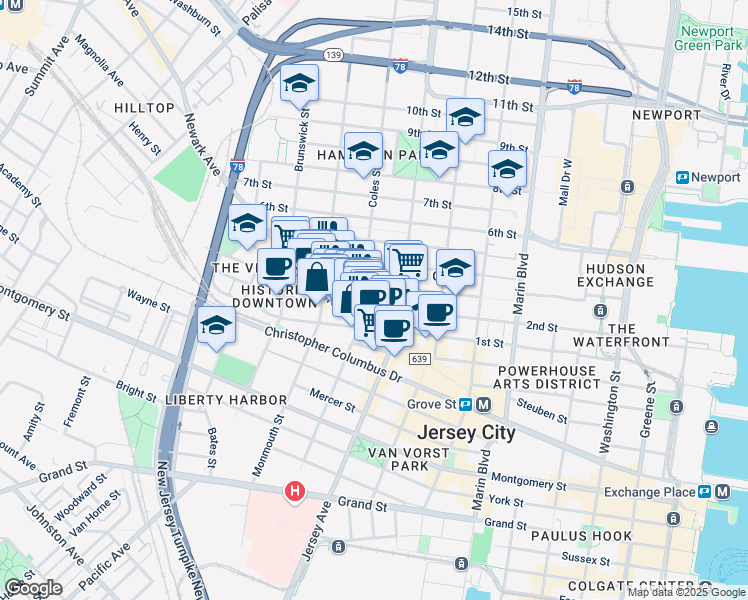 map of restaurants, bars, coffee shops, grocery stores, and more near 49 Coles Street in Jersey City