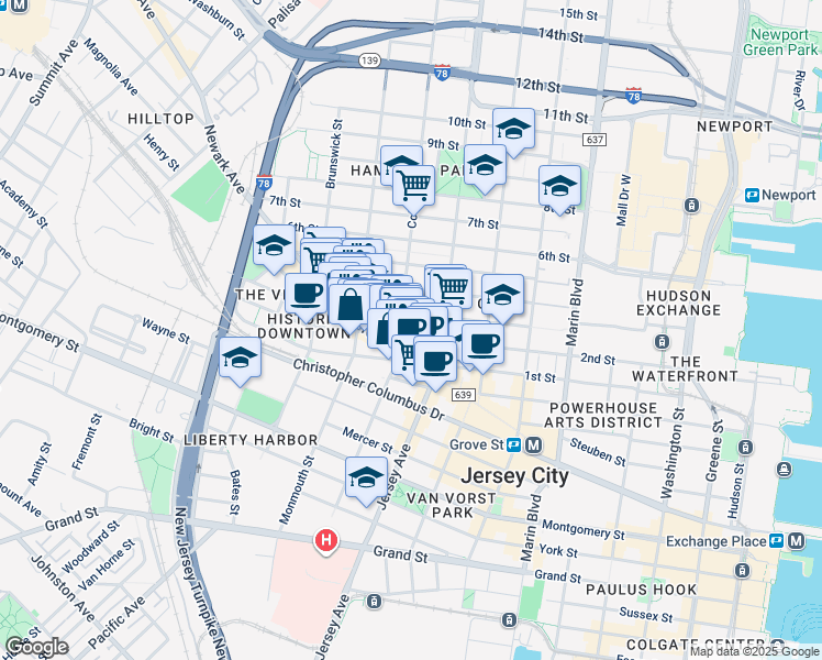 map of restaurants, bars, coffee shops, grocery stores, and more near 49 Coles Street in Jersey City