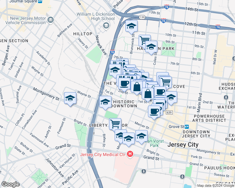 map of restaurants, bars, coffee shops, grocery stores, and more near 420 2nd Street in Jersey City