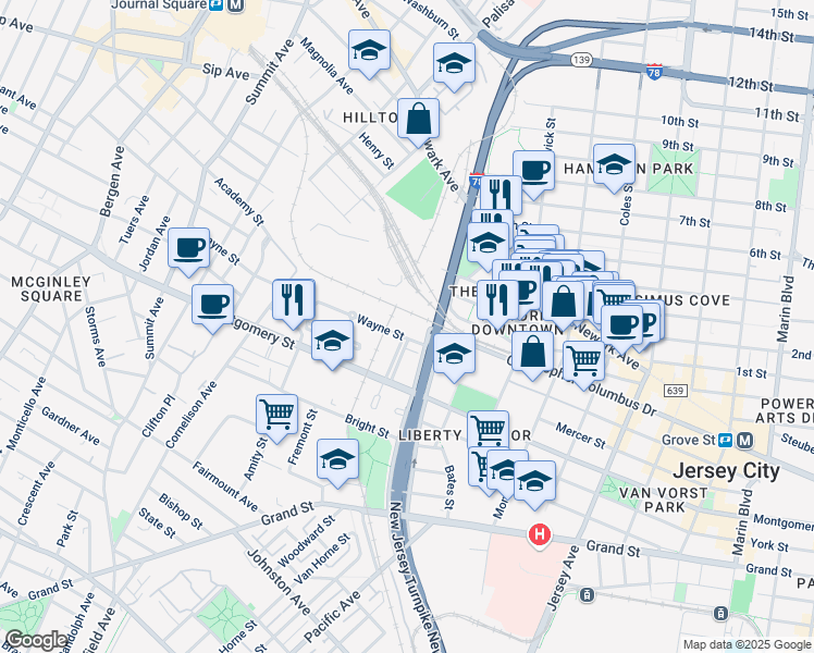 map of restaurants, bars, coffee shops, grocery stores, and more near 26 Merseles Street in Jersey City